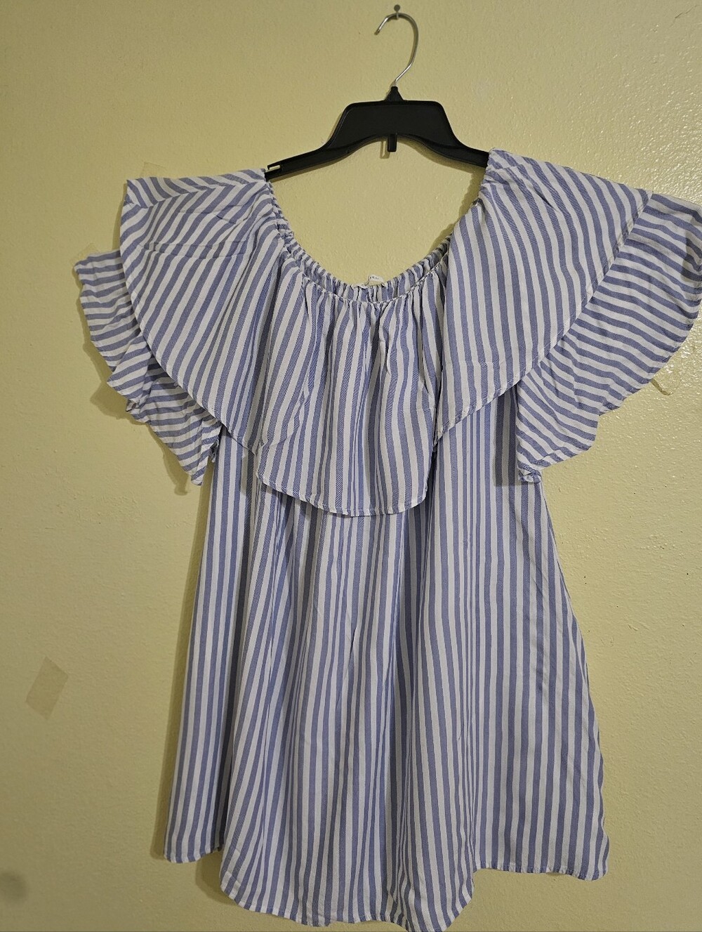Cherish Blue and White Striped Off-Shoulder Ruffle Dress